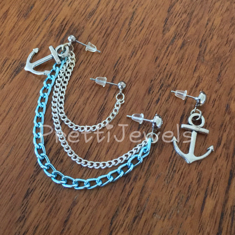 Triple Piercing Blue Anchor Earrings