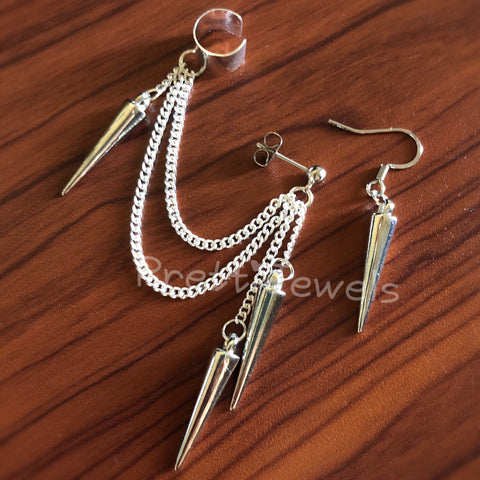 Silver Spiky Dangly Ear Cuff Set