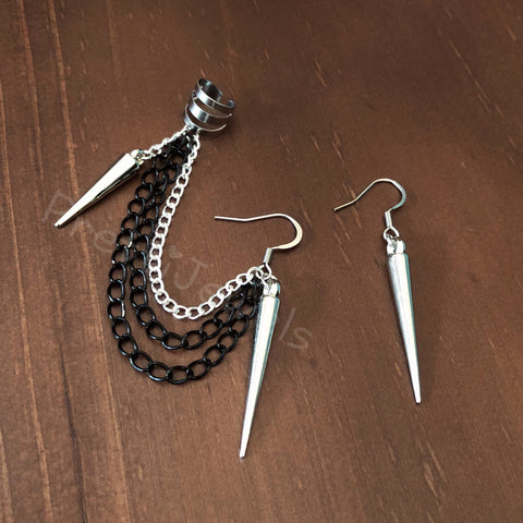 Big Spike Ear Cuff Chain Earrings Set