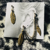 Double Piercing Antiqued Brass Feathers Earrings