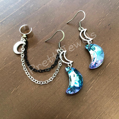 Crystal Moons Chain Ear Cuff Earrings Set