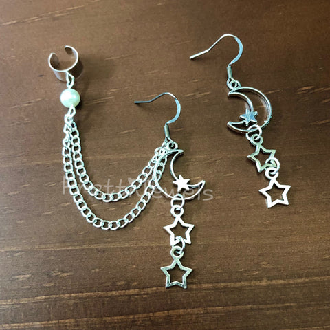 Moons Dangly Stars Ear Cuff Earrings