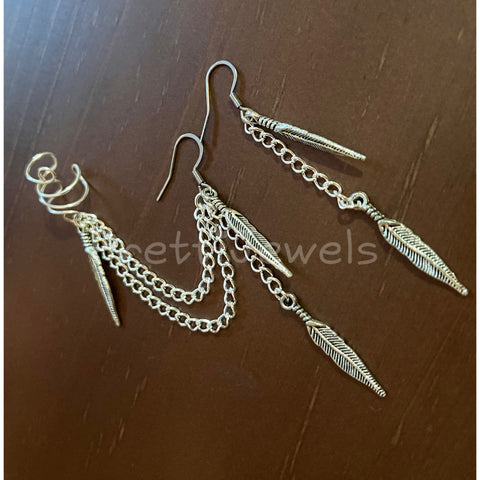 Simple Dangly Feather Ear Cuff Earrings Set