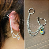 CLIP ON Cartilage Hoop AB Crystal Teardrop Chain Ear Cuff Earring