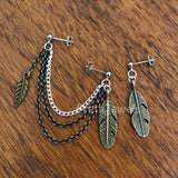 Double Piercing Antiqued Brass Feathers Earrings