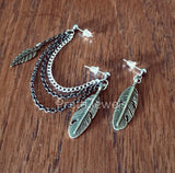 Double Piercing Antiqued Brass Feathers Earrings