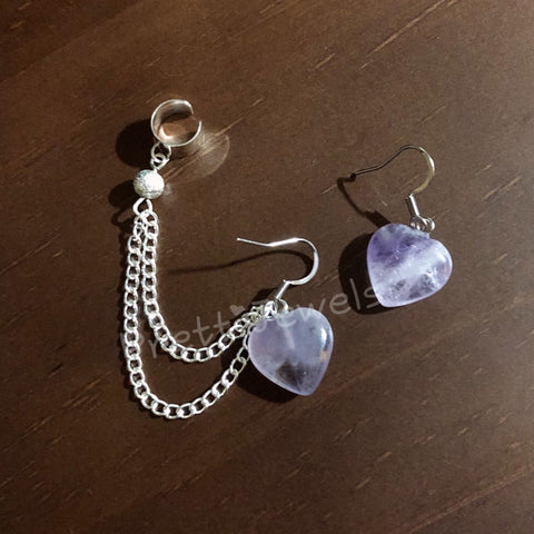 Amethyst Heart Ear Cuff Earrings