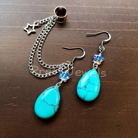 Turquoise Droplet Star Chain Ear Cuff Set